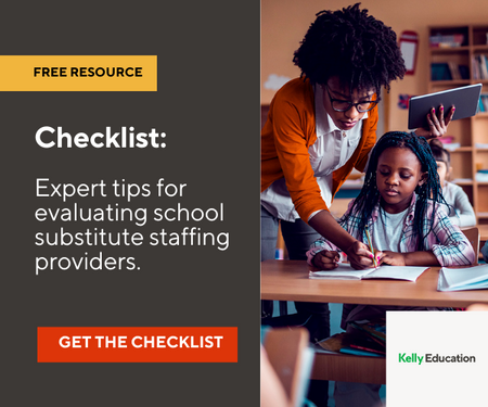 Teacher with student. Caption reads: The Checklist - Expert tips for Evaluating School Staffing Providers